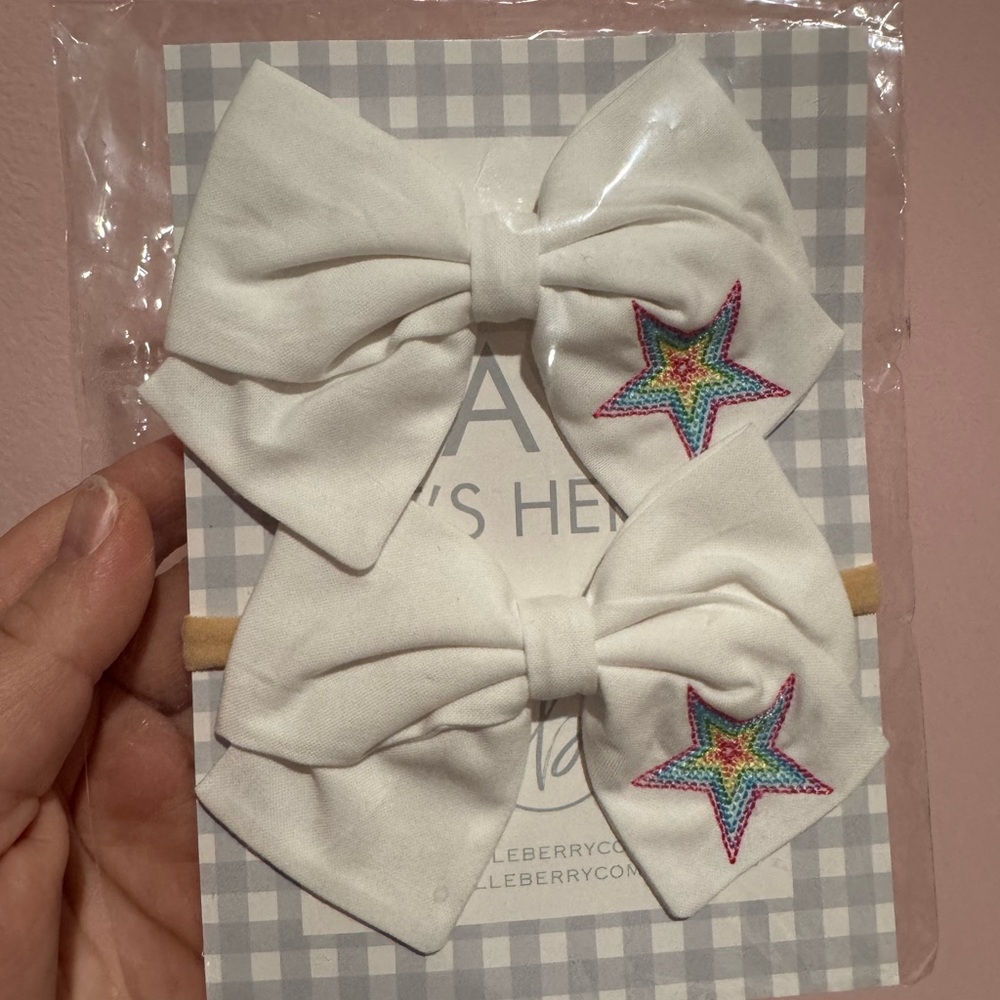Custom made white bows with rainbow star